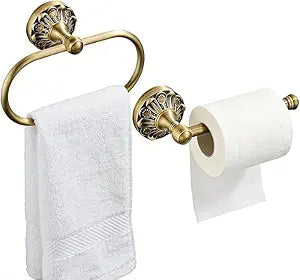 Antique Toilet Paper Holder 2 Pcs Gold Brass Hand Towel Ring Vintage Tissue Roll Set, Wall Mounted Bathroom Paper Hanger Hardware Decor Accessories(Oval)