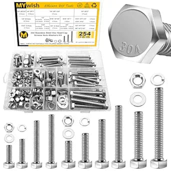 Mywish 254Pcs Nuts and Bolts, 1/4 20 5/16 18 3/8 16 Bolt, Heavy Duty 304 Stainless Steel Bolts and Nuts Kit with Flat Spring Washers, Includes 10 Common Sizes, Fully Threaded