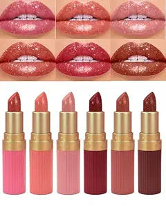 Sparkling Glitter Lipstick Set,6 Pcs Shimmer Nude Pink Brown Dark Rose Red Lip Gloss for Women Long Lasting Waterproof Metallic Diamond Shiny Lipstick Non-Stick Lipgloss Lip Color labiales Makeup Gift