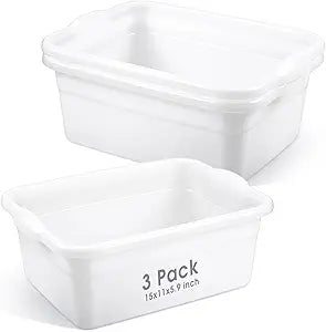 Honeydak 3 Pack Dish Pans for Kitchen Sink, 12 Quart Plastic Wash Basins Tub and Foot Bath for Soaking Feet, Rectangular White Wash Bucket for Washing Storage Cleaning Hospital Laundry Supplies