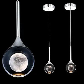 Sedelan 2 Pack Modern Crystal Moon Pendant Lights, Dimmable 3000K LED Hanging Light Fixture, Kitchen Island Lighting for Dining Room Bar Bedroom, Chrome Finish