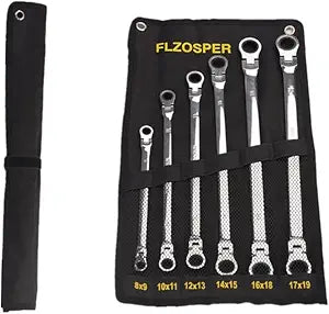 FLZOSPER 6-Piece Extra Long Flex-Head Double Box End Ratcheting Wrench Set, Metric 8-19mm, CR-V Steel Spanner with Portable Pouch