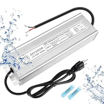 LED Driver 200W 24V Power Supply, IP67 Waterproof Low Voltage Transformer, AC 90-140V to DC 24V 8.33A Converter with 3-Prong Plug 3.3Ft Cable for Outdoor LED Strip & Landscape Lighting