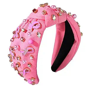 NVENF Breast Cancer Awareness Headband Crystal Pearl Knotted Headband for Women Pink Ribbon Headbands Jeweled Embellished Top Knot Headbands Breast Cancer Survivor Gifts (Pink Ribbon A)