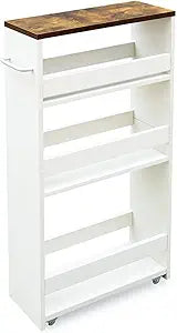 TEAMIX 4 Tier White Slim Storage Cart with Handle, Slide Out Storage Rolling Utility Cart Mobile Shelving Unit Organizer Trolley for Small Spaces Kitchen Laundry Narrow Places