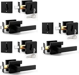 Probrico Matte Black Exterior Door Locksets with Deadbolt, Front Door Passage Handle and Double Cylinder Lock Set, Square Door Lever with Keyed Both Sides, 3 Pack
