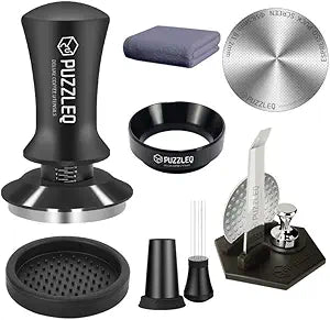 9 Pcs 58mm Espresso Accessories Kit, Spring Loaded Calibrated Tamper,matWDT ToolDosing FunnelPuck Screen kitBasket Removal Tool Cleaning ClothSet,Fits 58mm Espresso Coffee Machines(58MM)