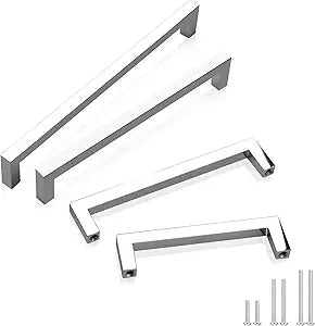 GOBEKOR 50 Pack Solid Cabinet Pulls Polished Chrome Square Cabinet Handles 5 Inch Hole Centers, Modern Drawer Pulls Kitchen Pull Handles