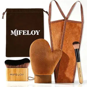 4-in-1 Self Tanning Mitt Kit ��� Self-Tanner Applicator Set with Back Applicator, Body Brush & Face Brush ��� Streak-Free Tanning, No Orange Palms ��� Reusable, Washable & Travel Pouch Included