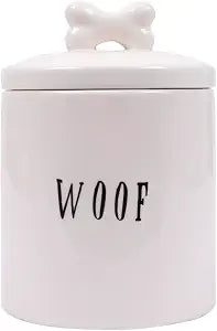 Creative Co-Op Ceramic Dog Treat Jar with Woof Message and Bone Handle Lid, White and Black