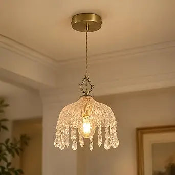 Mini Crystal Pendant Light, Gold Brass Hanging Light with Adjustable Cord, Modern Farmhouse Glass Pendant Lighting for Kitchen Island, Dining Room, Bedroom