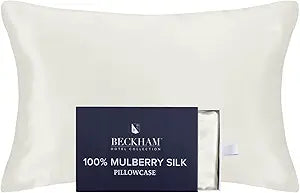 Beckham Hotel Collection Silk Pillow Case with Zipper, 100% Mulberry Silk Pillowcase for Hair & Skin, 22 Momme 6A Grade, Oeko-TEX Certified, 1PC, Queen, Ivory