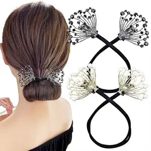 2 PACK Rhinestone Pearl Hair Accessories - Lazy Curler, Crystal Twist Bun Maker, French Hairstyle for Women and Girls