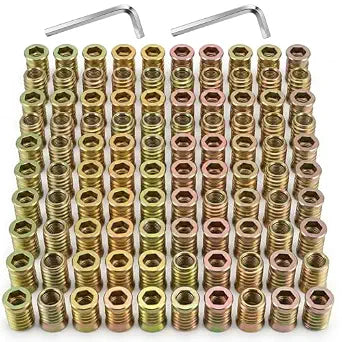 100 Pcs Screw Inserts 3/8-16 x 1 Inch, Carbon Steel Threaded Inserts for Wood Furniture, Hardware Nuts Assortment Kit with 2 Hex Wrenches, Zinc Plated Wood Nut Insert for Soft & Hard Projects