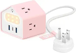 Lovely-Pink Power Strip with Night Light, Kawaii USB C Desk Accessories