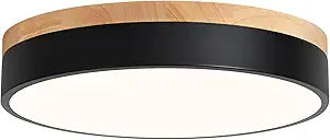 WOKNOS Dimmable Wood Flush Mount Ceiling Light Modern Black LED Ceiling Light Fixture 2700K-6000K Minimalist Round Close to Ceiling Light for Bathroom Hallway Bedroom Entryway Kitchen, 11.81"