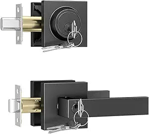 Foxgard Exterior Door Lock Set, Front Entry Door Locksets with Deadbolt, Keyed Alike Square Door Lever with Single Cylinder Deadbolts Combo Pack,1 Pack, Matte Black