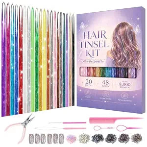 Hair Tinsel Kit, 8000 Strands Tinsel Hair Extensions, 20 Colors with Tools