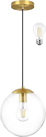 KoKo&Yukina 8 Inch Globe Pendant Lighting for Kitchen Island Mid Century Modern Hanging Light Fixture with Clear Globe Glass Gold Brass Hanging Ceiling Lights for Sink Bathroom Entryway (Bulb Incl.)