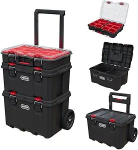 Keter Stack-n-Roll Modular Tools Organizer for Garage Storage and DIY, 3 Piece Resin Rolling Tool Box System for Small Parts, Black