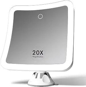 Fancii 20x Magnifying Makeup Mirror with LED Lights, Rechargeable, High Zoom | 7-inch Large Lighted Travel Mirror for Vanity and Bathroom, Dimmable, 3 Light Settings, Strong Suction, 360 Rotation