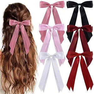 6Pcs Hair Bows Clips for Hair Silky Satin Ribbon Alligator Barrettes French Hair Ponytail Holders Cute Accessories for Women Girls(Black/White/Pink/Red)