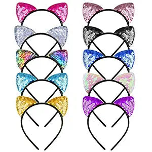 WXJ13 10 Pieces Cat Ears Headbands Reversible Sequins Headbands Hair Accessories for Girls and Women