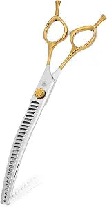 7.5 Inch Curved Chunker Shears for Dog Grooming | VG10 steel, ergonomic handle, curved chunker design for blending and shaping medium & large dog coats.