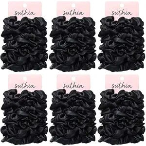 Satin Scrunchies for Women, Girls & Kids 60 Bulk Pack, Black Hair Scrunchie Hair Ties Silk Scrunchies for Thick Curly Medium Fine Thin Hair Silk Scrunchie for Hair Sleep Accessories for Women