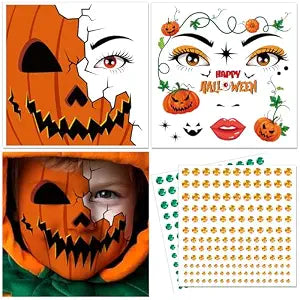 HOWAF Halloween Pumpkin Face Tattoos, 2 Pumpkin Halloween Face Temporary Tattoos with 2 Sheets Diamonds Sticker for Hallows' Eve Cosplay Raves Costume Accessories, Pumpkins Temporary Tattoos