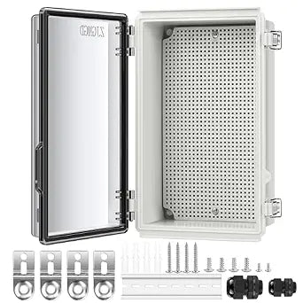 Junction Box ABS Plastic Electrical Enclosure IP67 Waterproof Dustproof Hinged Cover Stainless Steel Buckle Mounting Plate Cable Gland Outdoor Project (Clear, 10.2"x6.3"x3.9")