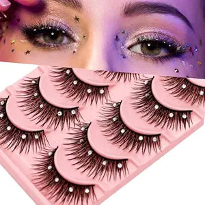 5 Pairs Bling Glitter Lashes Natural Cosplay Eyelash with Rhinestones 13mm