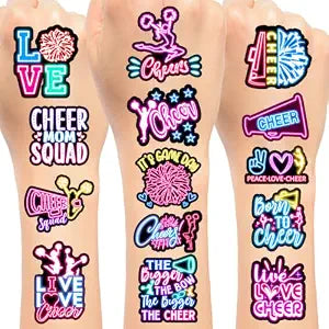 144 PCS Neon Cheer Temporary Tattoos Stickers, Cheerleading Party Favors Cheer Birthday Party Decorations Supplies Gifts for Kids Teens Adults Boys Girls Classroom Rewards