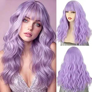 Xinran 18 Inch Light Purple Wig with Bangs,Long Wavy Purple Wigs for women