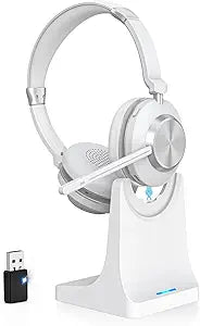Wireless Headset with Mic for Work, Bluetooth Headset with Microphone, AI Noise Canceling Mic & Mute, Wireless Headphones with USB Dongle & Charging Dock for PC/Cell Phones/Call Center/Teams