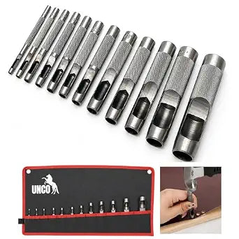 UNCO- Hollow Leather Hole Punch Set, 1/8"- 3/4", 12 pcs, Silver, Carbon Steel Leather Hole Punch Tool with Storage Bag