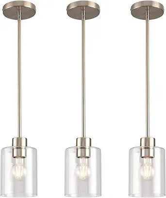 Brushed Nickel Pendant Lights Kitchen Island - Clear Glass Pendant Light Fixture Multiple Stems Rods 3 Units 12 Inch 3 Units 4 Inch (3 Pack Brushed Nickel)