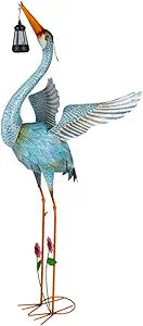 Crane Garden Statue with Solar Lantern, Large Blue Heron Outdoor Staue Garden Decor, Metal Crane Sculpture Yard Art Decor for Lawn, Backyard, Porch