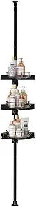 360 Rotating Shower Caddy Tension Pole, 3 Tiers Corner Shower Organizer for Bathroom Shelf Bathtub, Adjustable Standing Shower Rack Bathroom Accessories, Easily Assemble, 34-124 Inch Height, Black