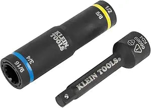 Klein Tools 66009 Impact-Rated 4-in-1 Flip Quad Socket, 3/8-Inch Drive, 12-Point Color-Coded Deep Sockets with 4 Hex Sizes and Adapter