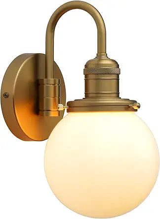 Yosoan Brass Boho Wall Sconce with Milk Round Glass, 1-Light Indoor Hardwired Vanity Modern Luxury Vintage with Globe Shade Retro Curved Rod Fixture for Bathroom Bedside Kitchen(Antique)