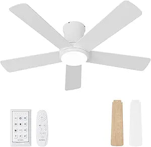 42 Inch White Ceiling Fans with Lights and Remote - Flush Mount Ceiling Fan with Light Low Profile, 6 Speeds, Quiet DC, 3CCT Dimmable, Indoor Outdoor Ceiling Fans for Patios Bedroom