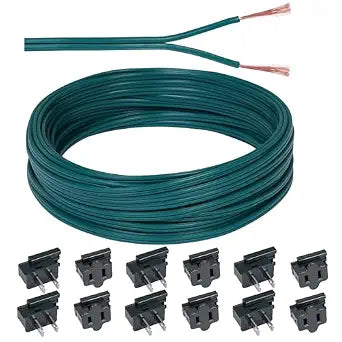 50FT SPT-2 Christmas Light Wire with 6 SPT-2 Male and 6 SPT-2 Female Vampire Plugs, 18 Gauge 2 Conductor Electrical Wire,18/2 Low Voltage Wire(Green)