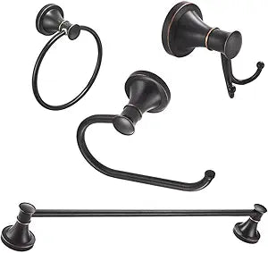 BESy Oil Rubbed Bronze 4 Piece Bathroom Accessories Set (Single Towel Bar, Towel Ring, Toilet Paper Holder, Double Towel Hooks), Wall Mounted Bath Hardware Accessory Fixtures Set