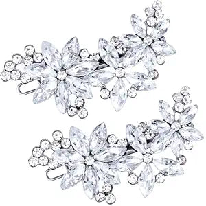 PAGOW Hair Clips, 2Pcs Crystal Flower Bridal Hair Accessories, Silver Rhinestone Hair Pins, Wedding Headpiece for Brides Women Girls
