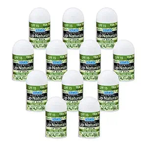 Lip Naturals® | Mini Tea Tree Balm with Sunscreen (SPF-15) | Made in USA with Coconut Oil, Tea Tree Oil, and Peppermint Oil | 12-Count Mini Lip Balm Pack with Tea Tree Mint Flavor (0.10oz/3g Each)