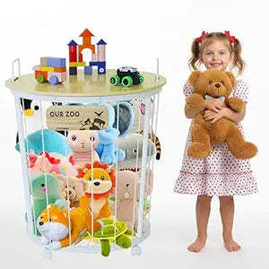 Stuffed Animal Storage Organizer with Tabletop & Brake Caster Wheels , Cute Metal Tube Toy Organizers and Storage for Nursery, Playroom, Bedroom (27.7x24.8) (White & Wood Grain)