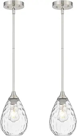 Brushed Nickel Pendant Lights Kitchen Island 2 Pack, Modern Glass Pendant Light Fixtures with Hammered Glass and Rods, Adjustable Small Hanging Light for Kitchen Sink Dining Room Bathroom