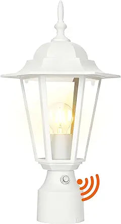 15"H Dusk to Dawn Outdoor Post Light, Modern White Outdoor Lamp Post Light Fixture, Lamp Posts Exterior Lighting Pole Lantern for Outside Porch Garage Street, Waterproof Aluminum & Glass, 1 Pack, E26