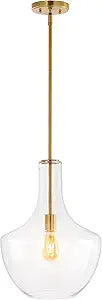 JONATHAN Y 13.25" Brass Gold/Clear Mid-Century Modern 1-Light LED Pendant Light Fixture, Adjustable Schoolhouse Hanging Lamp for Kitchen Island, Clear Glass Shade, LED Bulb Included (JYL6401C)